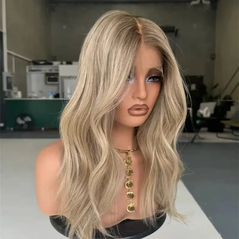Trendy Wigs Ombre Ash Blonde Streaks Synthetic HD Lace Front Wig Heat Resistant Fiber Wig Preplucked Hairline with Baby Hair