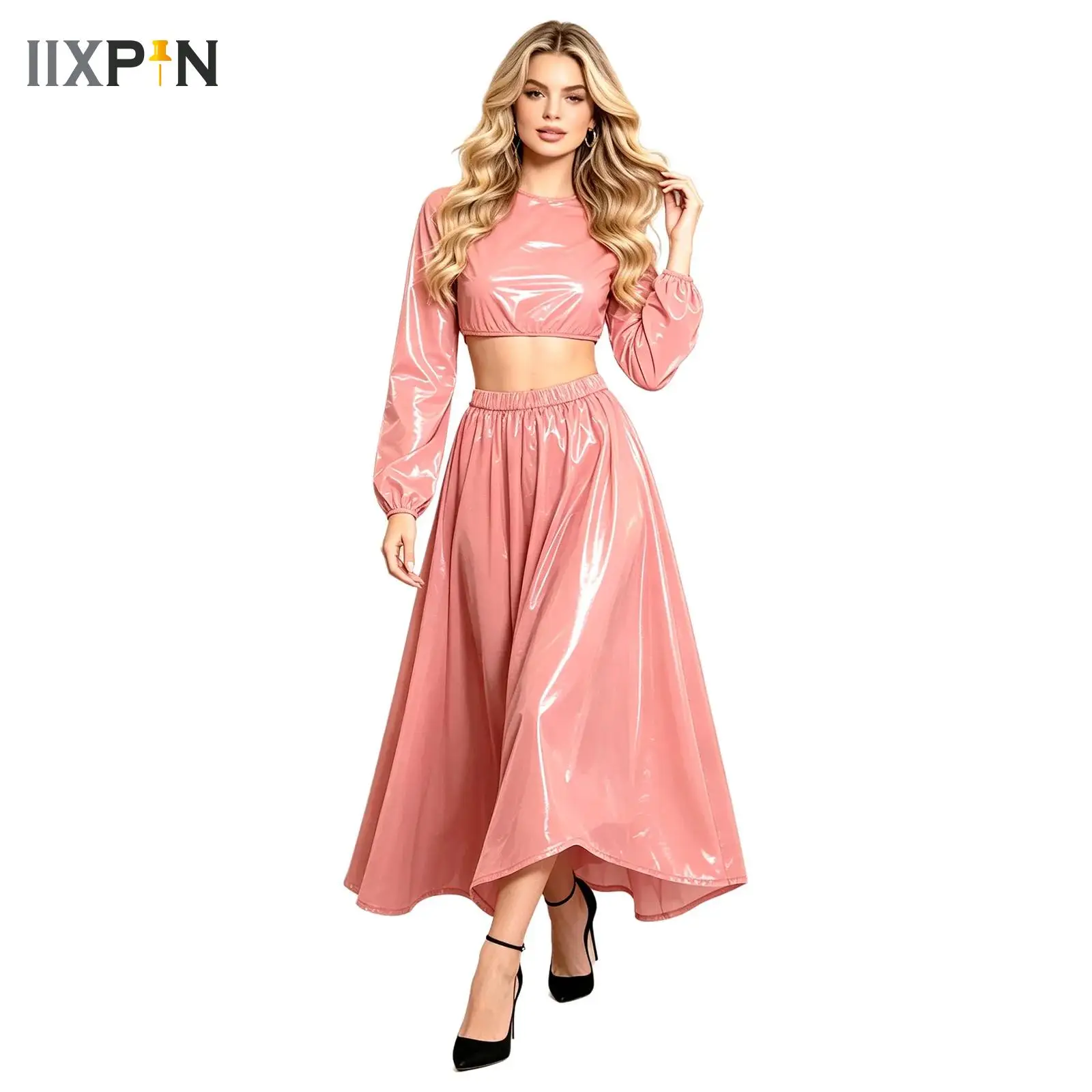 Women Waterproof 2-piece Outfit Long Sleeve Back Zipper Crop Sweat Top and Swing Hem Maxi Skirt for Rave Party Beach Nightclub
