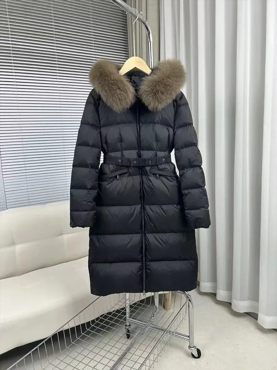 Long down jacket luxury Coat 2024 Winter women\'s fox fur collar Waist Thin fashion Warm Long Over the knee women\'s Down Jackets