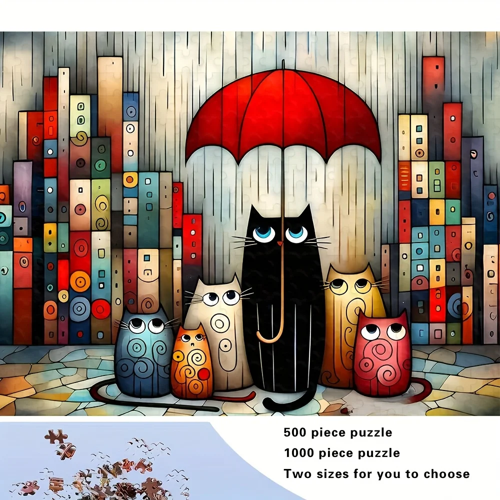 Puzzle dla dorosłych z motywem kotów pod czerwonym parasolem w deszczu w mieście, fantazyjna gra intelektualna, dekoracyjna zabawka do domu.