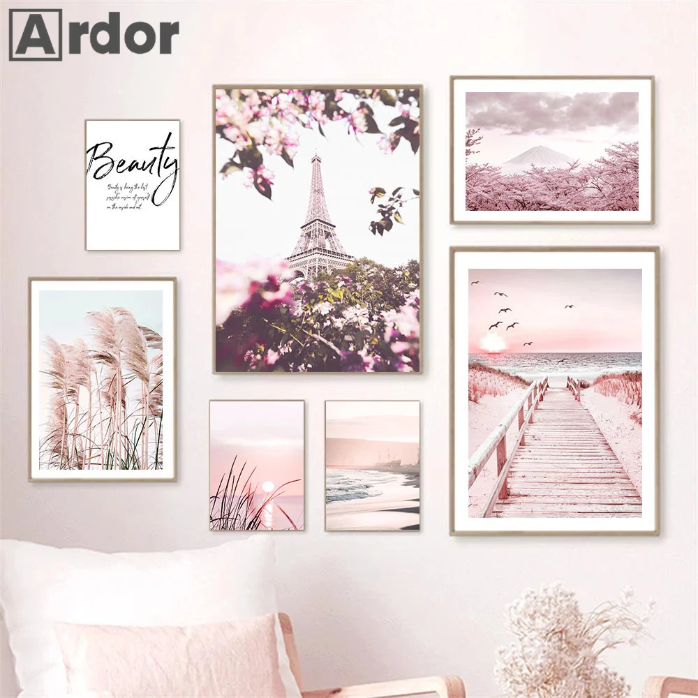 Pink Flower Paris Tower Sea Beach Reed Grass Poster Vintage Art Canvas Painting Nordic Prints