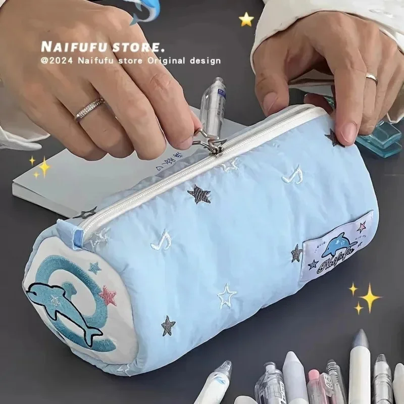 Apple Star Pen Bag Embroidery Y2K Dolphin Sitting Mountain Guest Cute Stationery Student Storage Bag Portable High Capacity Bag
