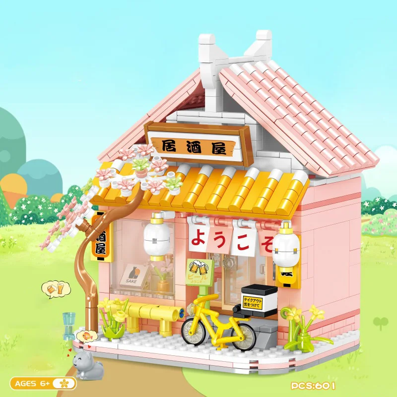 Creative Street View Izakaya Sakura House Model Building Blocks City Cherry Blossom Hut MOC Bricks With Figure Toys For Kid Gift