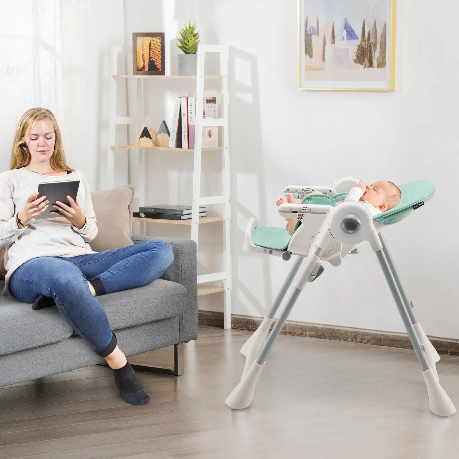 Babyjoy – chaise haute pliante pour bébé, chaise de salle à manger avec hauteur réglable et repose-pieds vert