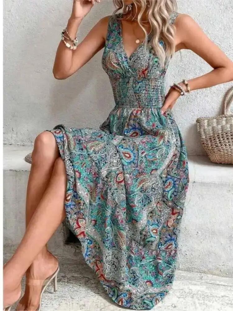 Sommer Boho Kleid Damen Mode Ärmellos Bedruckt Strand Party Kleider Elegant Lässig Urlaub Damenkleid Frauen Robe Femme M9MW
