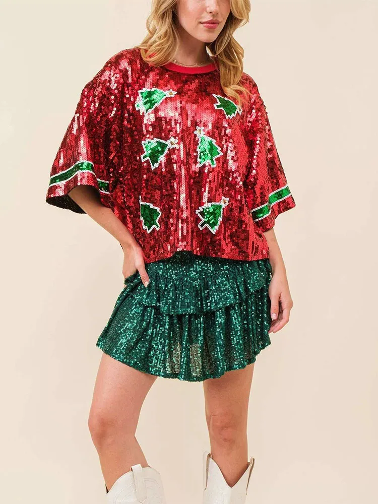 بلوفر نسائي صيفي أنيق لامع مزين بالترتر تي شيرت فضفاض برقبة دائرية 2025 ملابس غير رسمية مطبوعة بنصف كم ملابس خروج Blusa