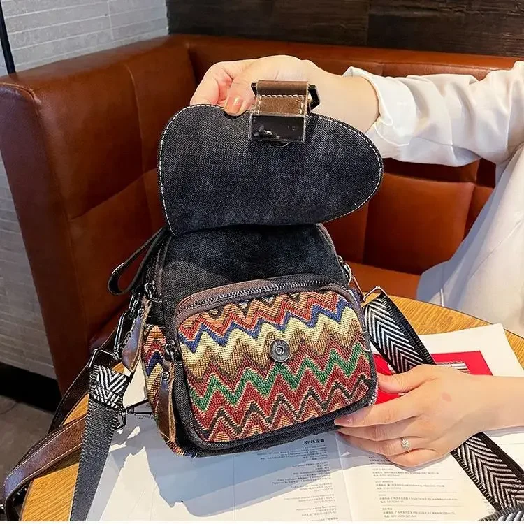 Denim Small Backpack 2023 New Contrast Color Women Bag Retro Ethnic Style Embroidered Multifunctional Bagpack Crossbody Bolsa