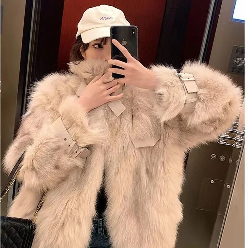 Female Coat 2024 New Imitation fox fur Environmentally Friendly fur Women Coat Short Leather Buckle Warm Loose Thick Furry Coat