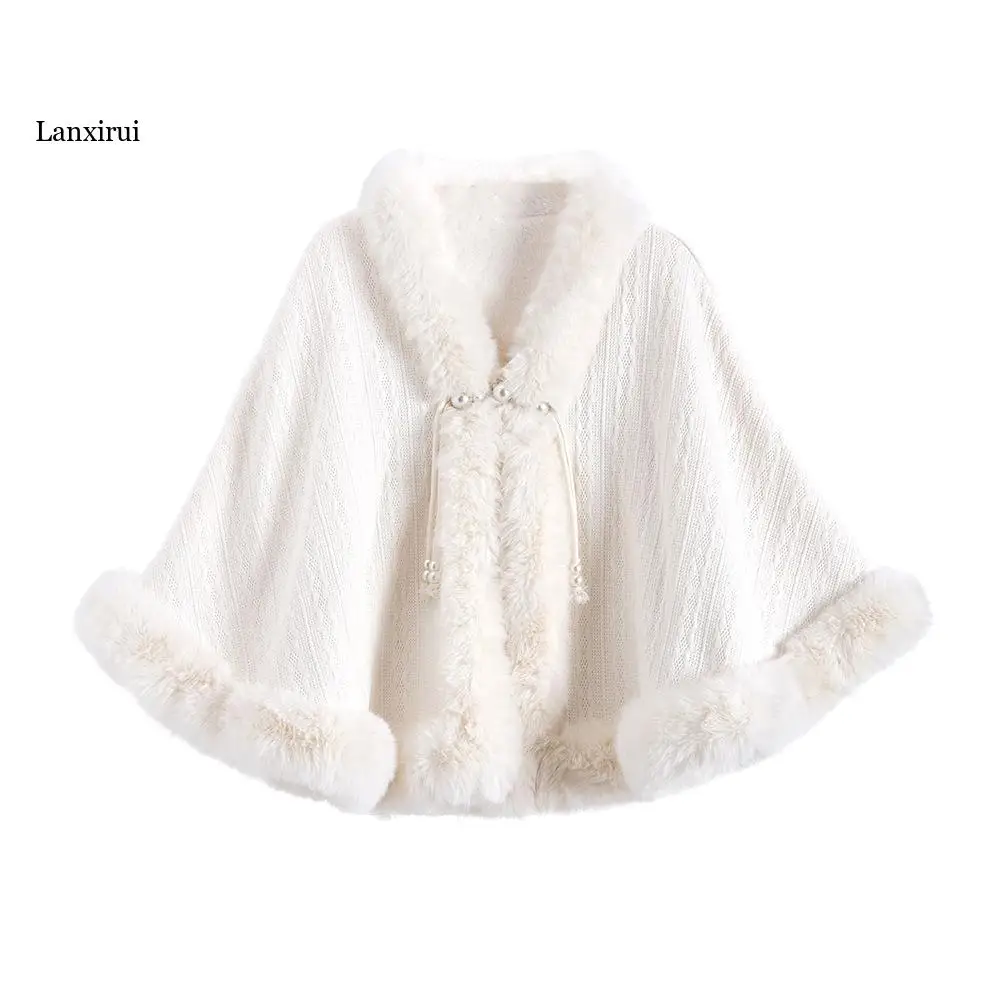 

New Chinese Style Jacket Cheongsam Bridal Wedding shawl Bright Beads Solid Color Knitted plush-lined cloak All-match Women