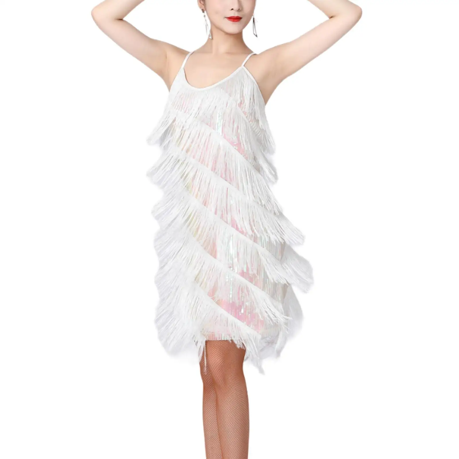 Women Sequin Tassel Dress V Neck Elegant Fringe Latin Dance Dress for Jazz