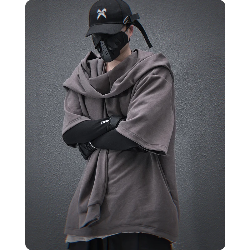 Unisex Spring Summer Avant-Garde Design Fake Two Piece Hooded Short Sleeved T-Shirt Loose Casual Half Sleeved Men's clothing