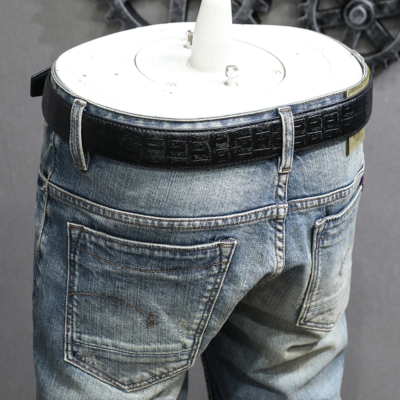 Fashion Designer Men Jeans High Quality Retro Washed Blue Elastic Stretch Slim Fit Ripped Jeans Men Vintage Denim Pants Hombre