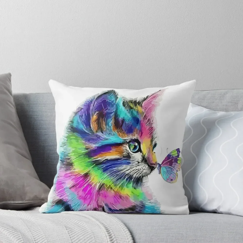 

Drawing rainbow cat with a Butterfly for cat owners and lovers Throw Pillow Luxury Pillow Cover Sofa Pillow Cover