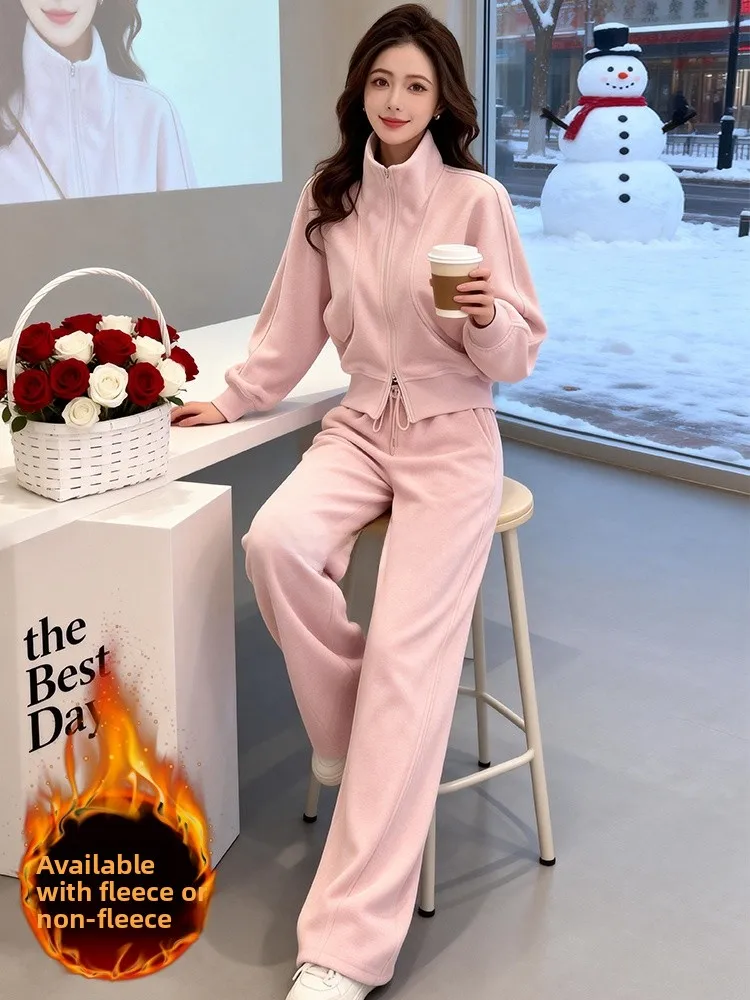 

Spring Casual Sportswear Set Women's Initial Pure Fleece Lined Wide Leg Pants Two Piece Set Pink Jacket Top Bottoms Ensemble