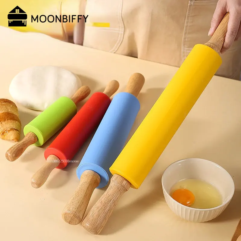 Non-Stick Silicone Rolling Pin Wooden Handle Pastry Dough Flour Roller Kitchen Cooking Baking Tool For Pasta Cookie Dough