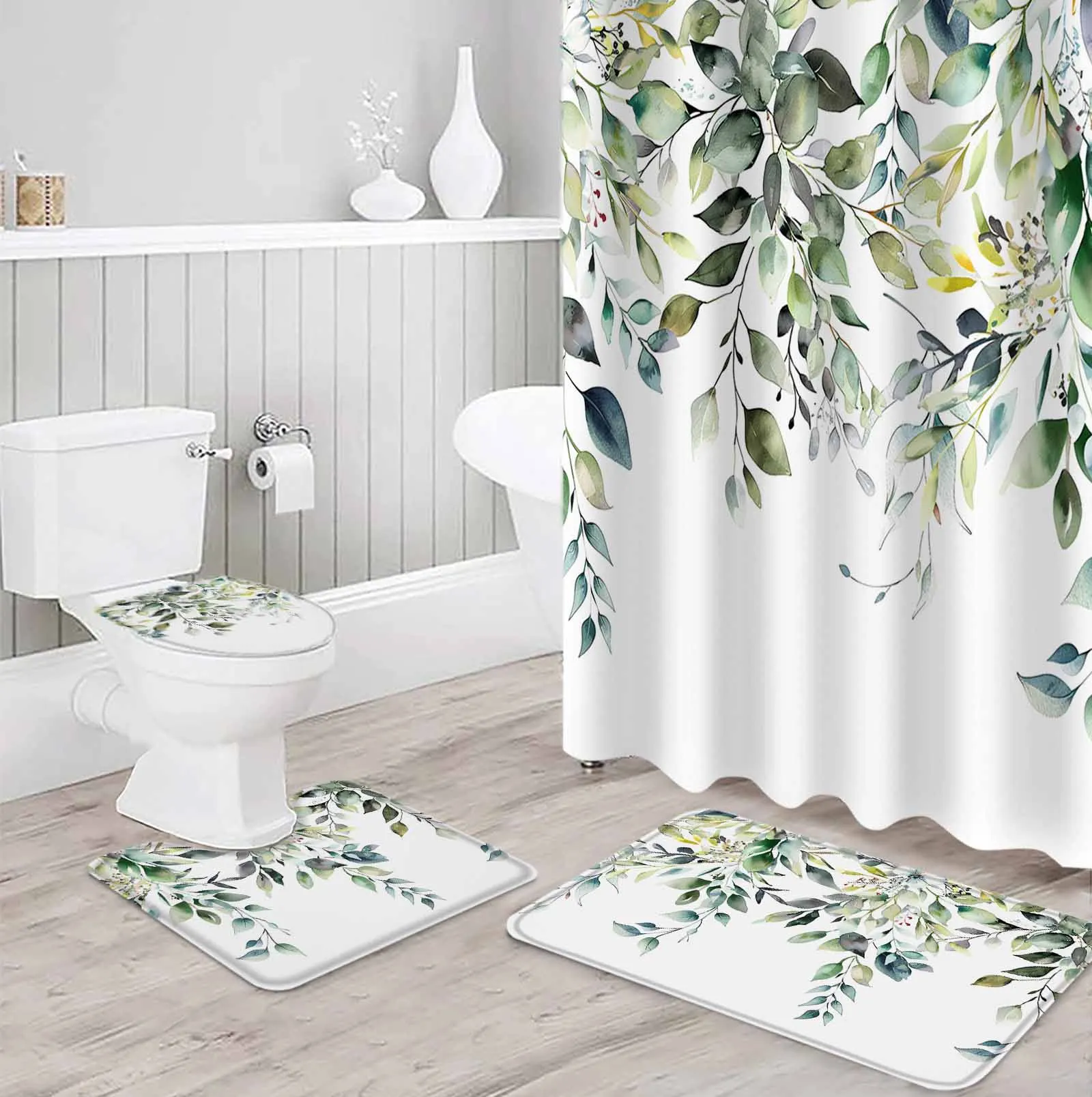 Falling leaves of plants Polyester Printed Shower Curtain Bathroom Set Luxury Curtain Abstract 4-piece Set Coral Velvet Foot Mat