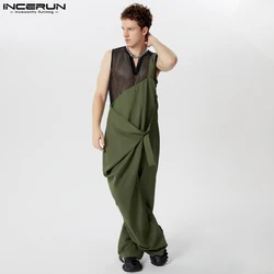 INCERUN Men Irregular Jumpsuits Solid Color Loose Lace Up Casual Rompers Men Streetwear 2024 Pleated Fashion Loose Male Overalls