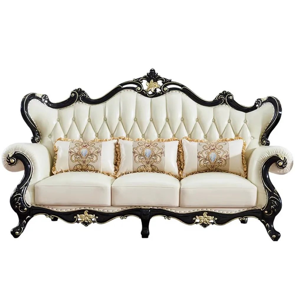 Kombiniertes Einzel- und Mehrsitzer-Sofa mit Schnitzereien, europäisches Echtleder, luxuriöse breite Armlehnen, Möbelzubehör