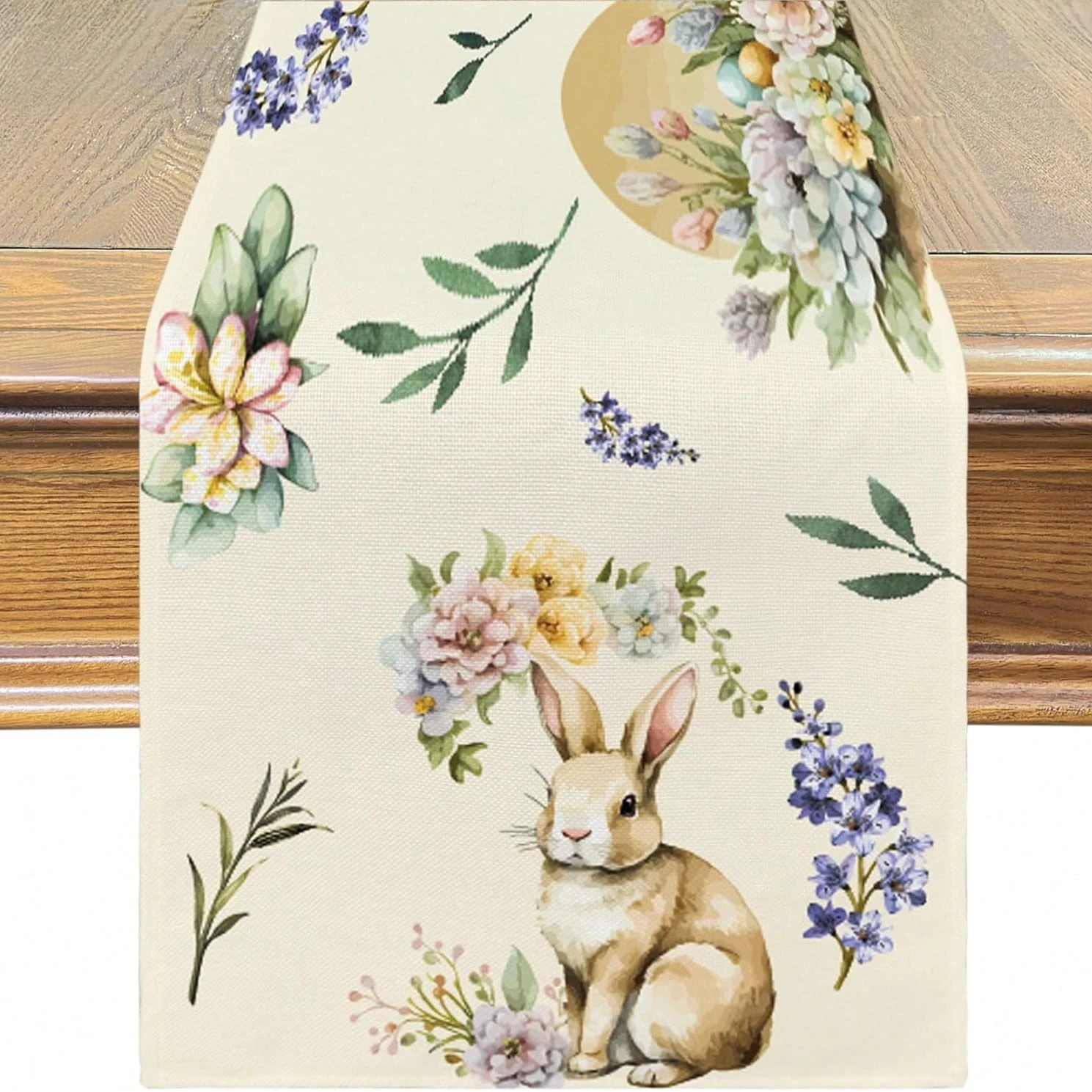1 Stück Oster-Blumen-Hasen-Tischläufer - Leinen 2D-Druck Aquarell Lavendel & Rosen Design, Perfekt für Küche Esstisch Dekoration