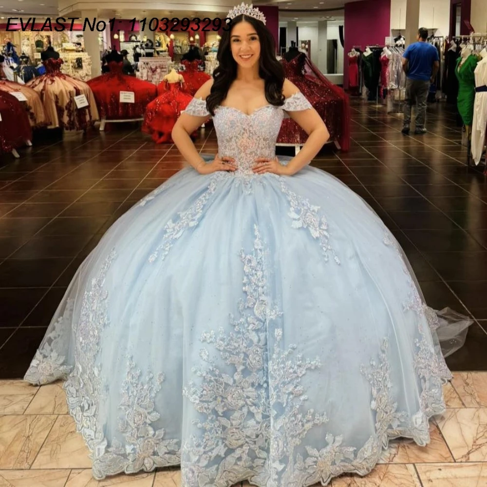 

EVLAST индивидуальное блестящее небесно-голубое бальное платье Quinceanera, кружевное платье с аппликацией и бисером, корсет Sweet 16, Vestidos De 15 Anos E1Q966