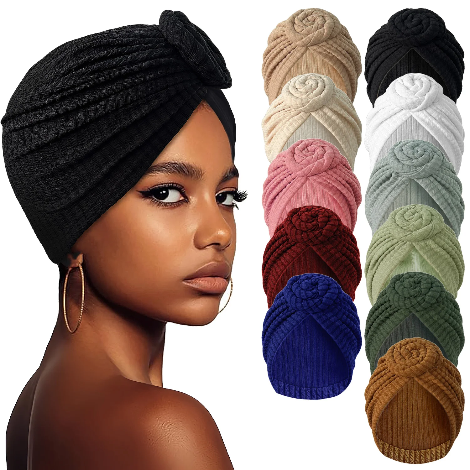 African Women Turban Top Knot Flower Decor Headwrap Elegant Pleated Beanies Headscarf For Women Cap Solid Color India Hat Muslim