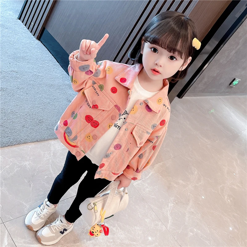 

Rainbow Denim Long Sleeve Jacket Spring Autumn Style for Baby Girls Sweet Loose Fit Cotton Blend Casual Fashionable Top