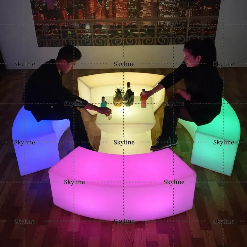 Outdoor LED Glowing Furniture Set, Light Up Curved Bar Stools with Sofa and Coffee Table Illuminated Combo