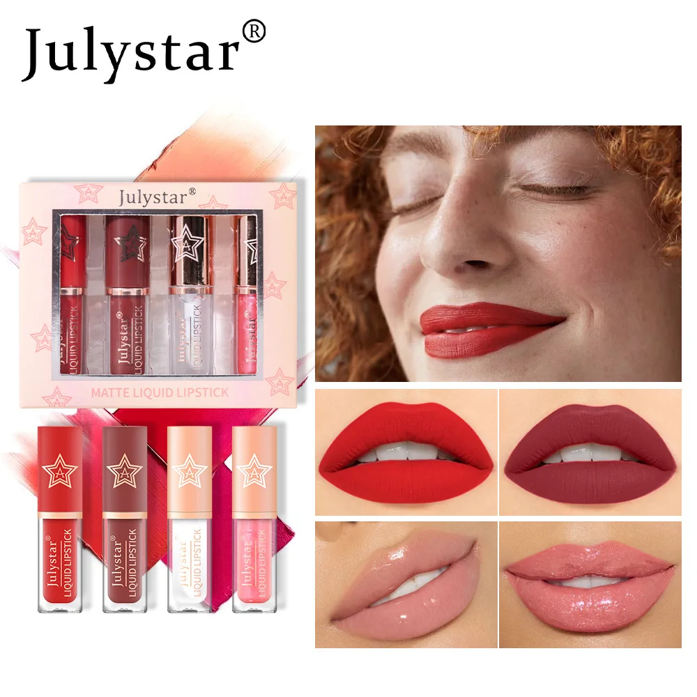 Julystar 4 Stks/set Rood Fluwelen Lippenstift Mistige Matte Lip Glazuur Damesfeest Dagelijkse Cosmetica Aanhoudende Kleuring Lip Glazuur