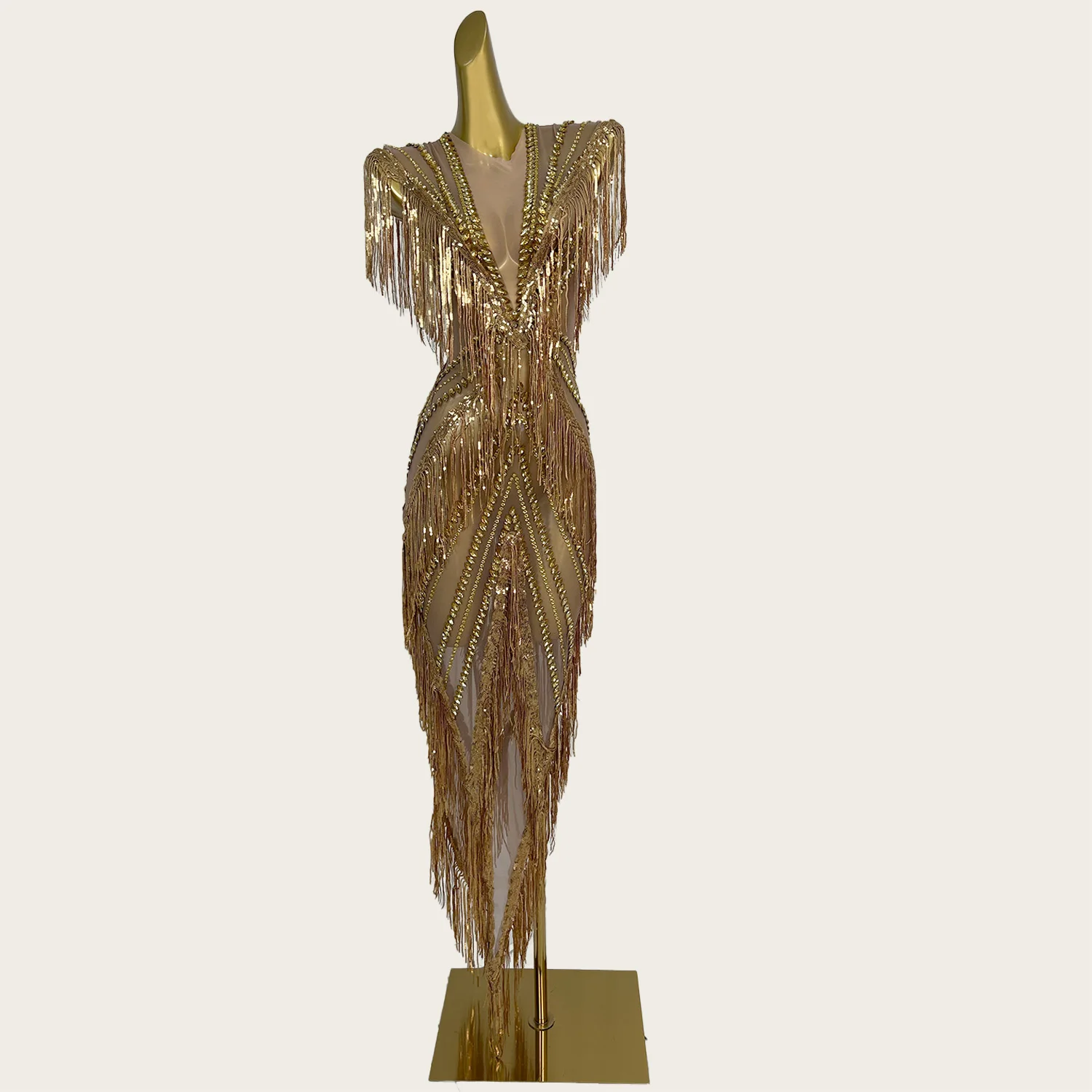 Vestidos largos de malla transparente con borlas y lentejuelas y cristales brillantes, vestido de noche elegante para mujer, traje de fiesta de cumpleaños, Shexian
