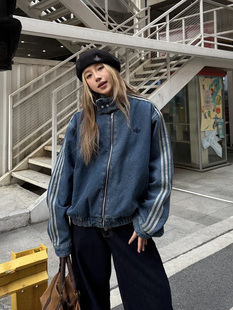 

Thiened Fce Lined Denim Jaet Street Sle ex Long Sve Свободная футболка в полоску с завышенной талией Jaet для мужчин и женщин