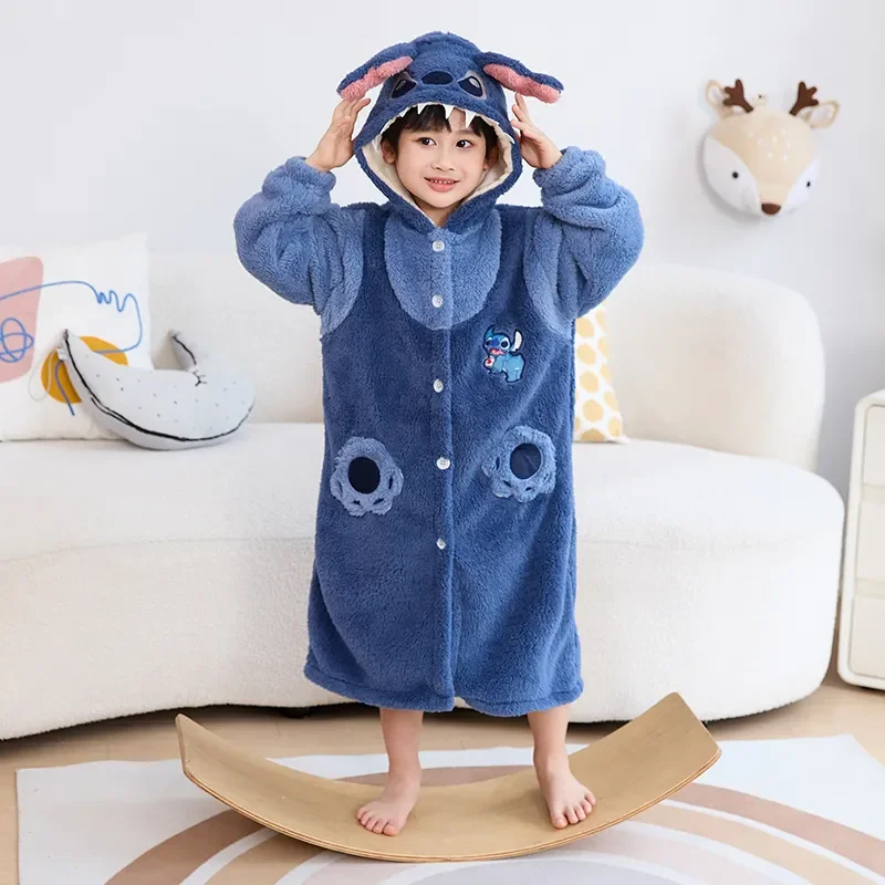 Angel and Stitch pigiama con cappuccio Baby Boy Girls New autunno inverno bambini addensati Warm Coral Fleece Robe camicia da notte abbigliamento