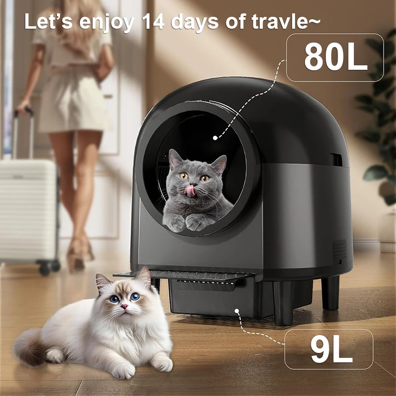 صندوق نفايات التنظيف الذاتي للتحكم التلقائي في التطبيق مع 10 صناديق فضلات القطط الكهربائية الذكية بمستشعر أمان