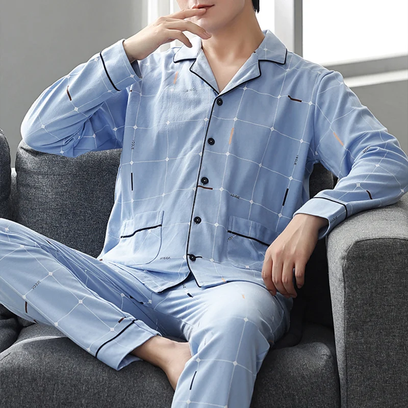 Plaid Pajamas For Men's 2 Piece Cotton Pajama Set Spring Autumn Pijamas Large Size Sleep Shirts Leisure Homewear Suit Пижама