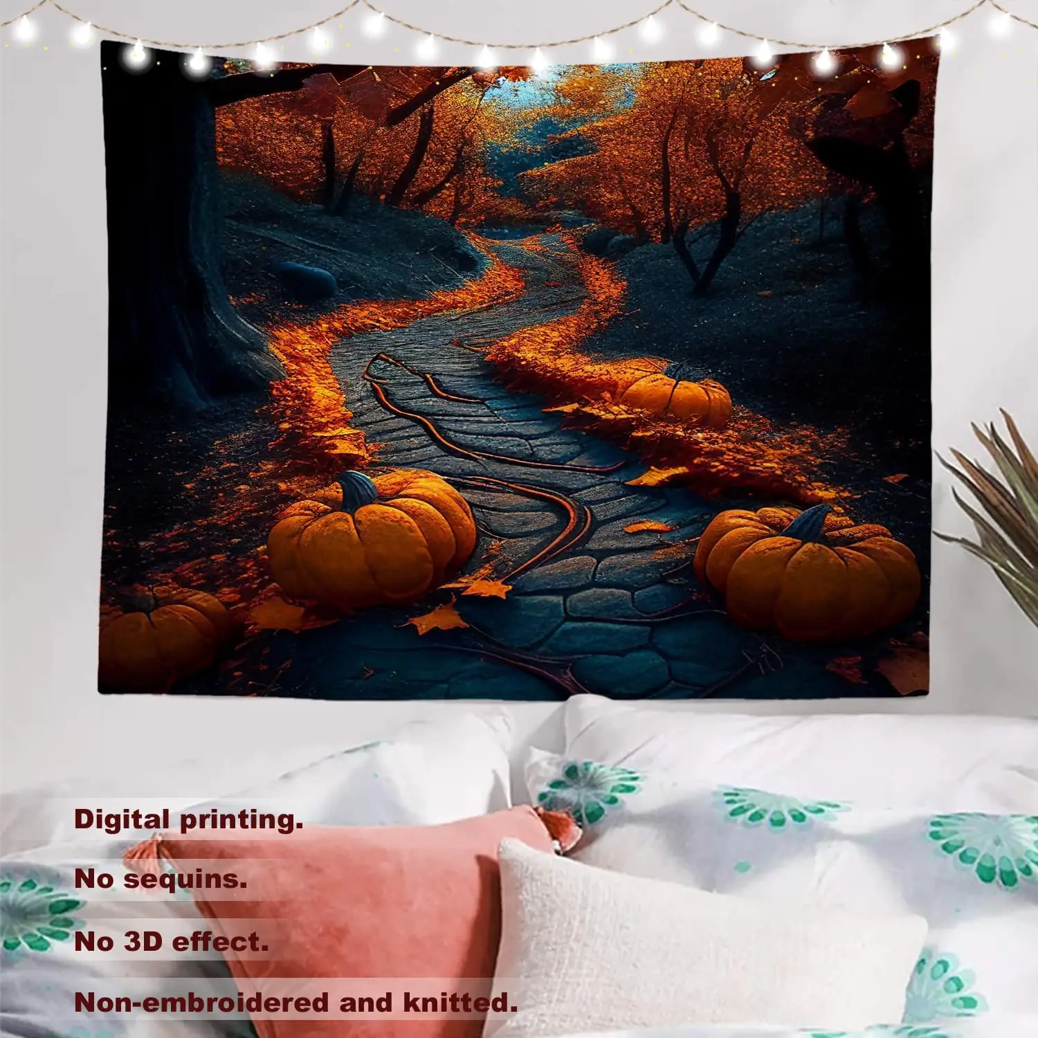 Halloween Pumpkin Autumn Fall Scene Tapestry Wall Decor Polyester Hanging Print Spooky Gothic Masquerade Fall Festival Aesthetic