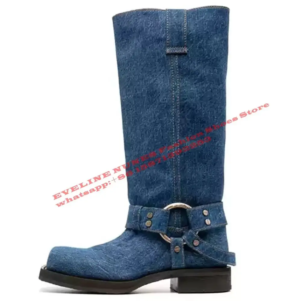 

Denim Mental Buckle Rivet Western Cowboy Boots Square Toe Tank Soled Patchwork Pull On Retro Fashion Knee-High Boots 2024 Newest