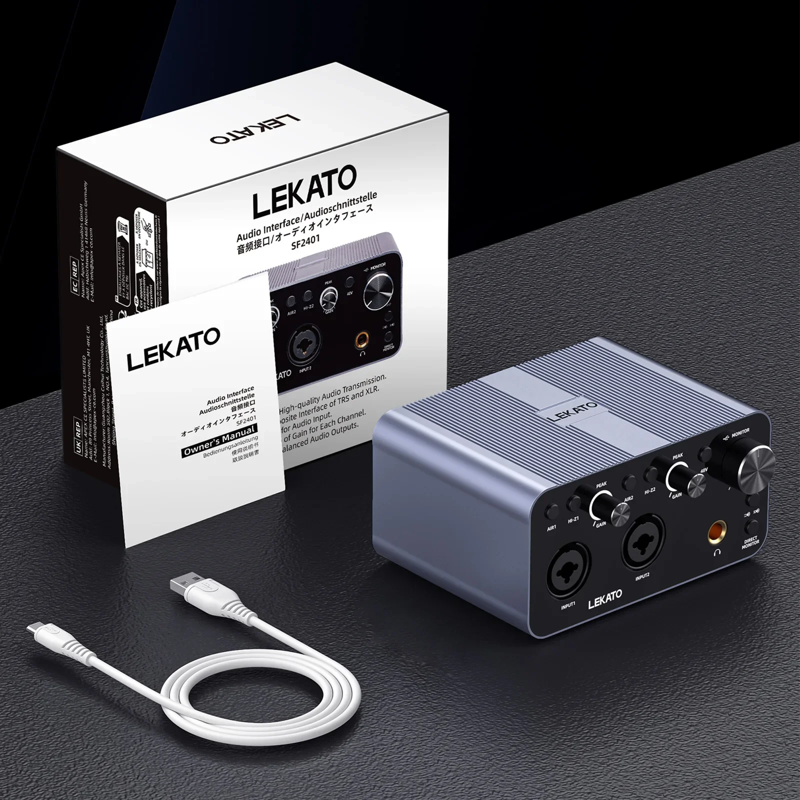 Lekato 2I2 Usb Audio Interface Recording Sound Card 48V Phantom Power Usb Audio Interface for Podcasting Hi-Fi Studio Audio