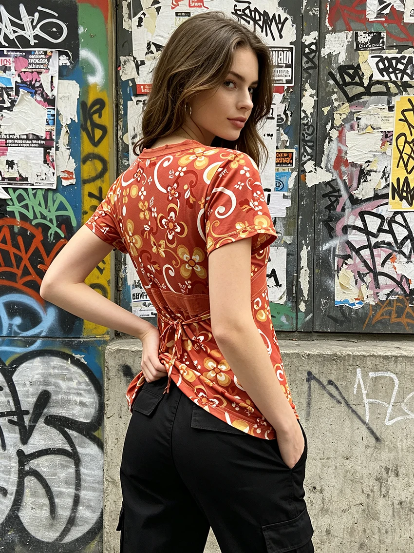 Retro Bohemian Women Floral Short Sleeve Top Deep V‑Neck Empire Waist Back Tie Detail Y2K Aesthetic Summer Casual Ladies Blouse
