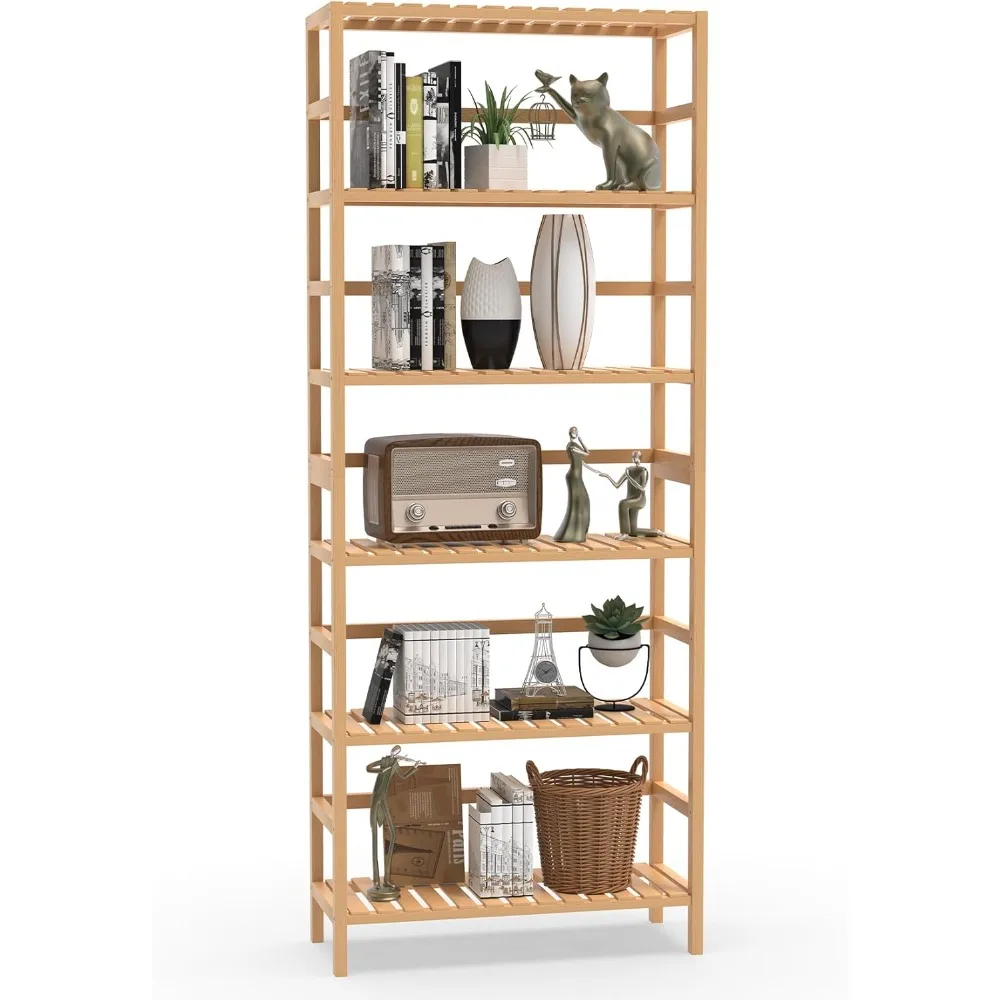 

Adjustable 6 Tier Bamboo Bookshelf - Tall Bookcase Shelf Organizer | Free Standing Storage Unit