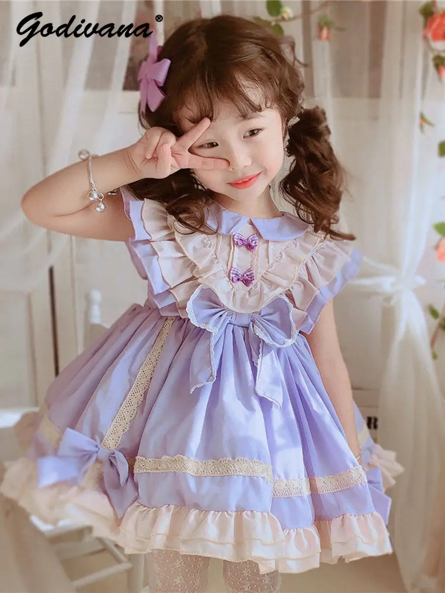 Sweet Baby Girls Summer New Lolita Princess Dress Kids Cute Feifei Sleeve Bow Ruffle Trim Doll Collar Purple Birthday Party Gown