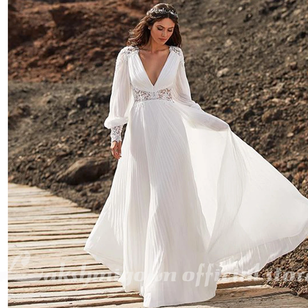 Pleated Chiffon Beach A-Line Wedding Dresses Deep V Neck Long Sleeve A Line Backless Bridal Dresses Boho Lace Wedding Gowns