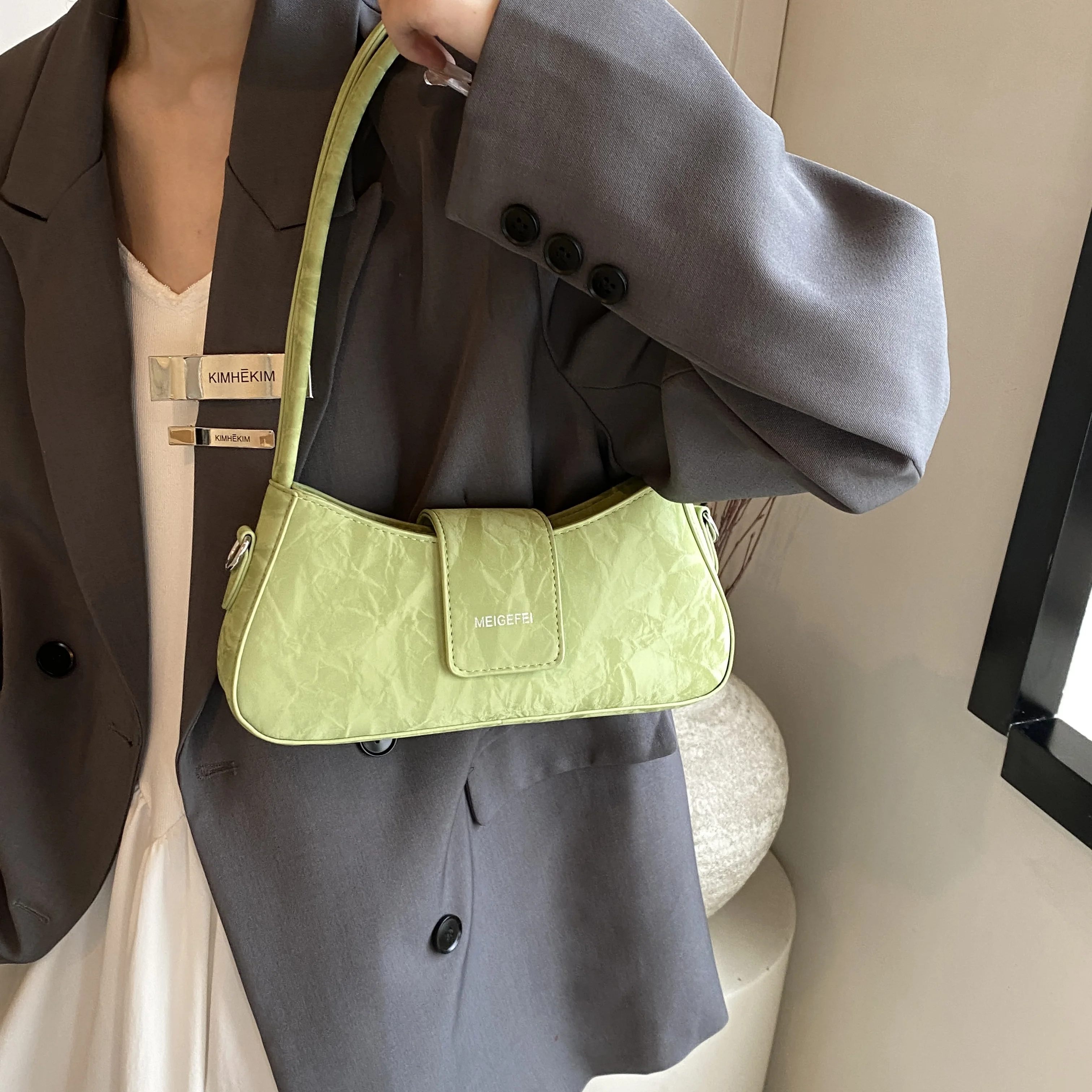 Green Shoulder Bag For Women Baguet Underarm Shopper Purse Quality Pu Leather Handbag Vintage Female Crossbody Bag Travel Bolsos