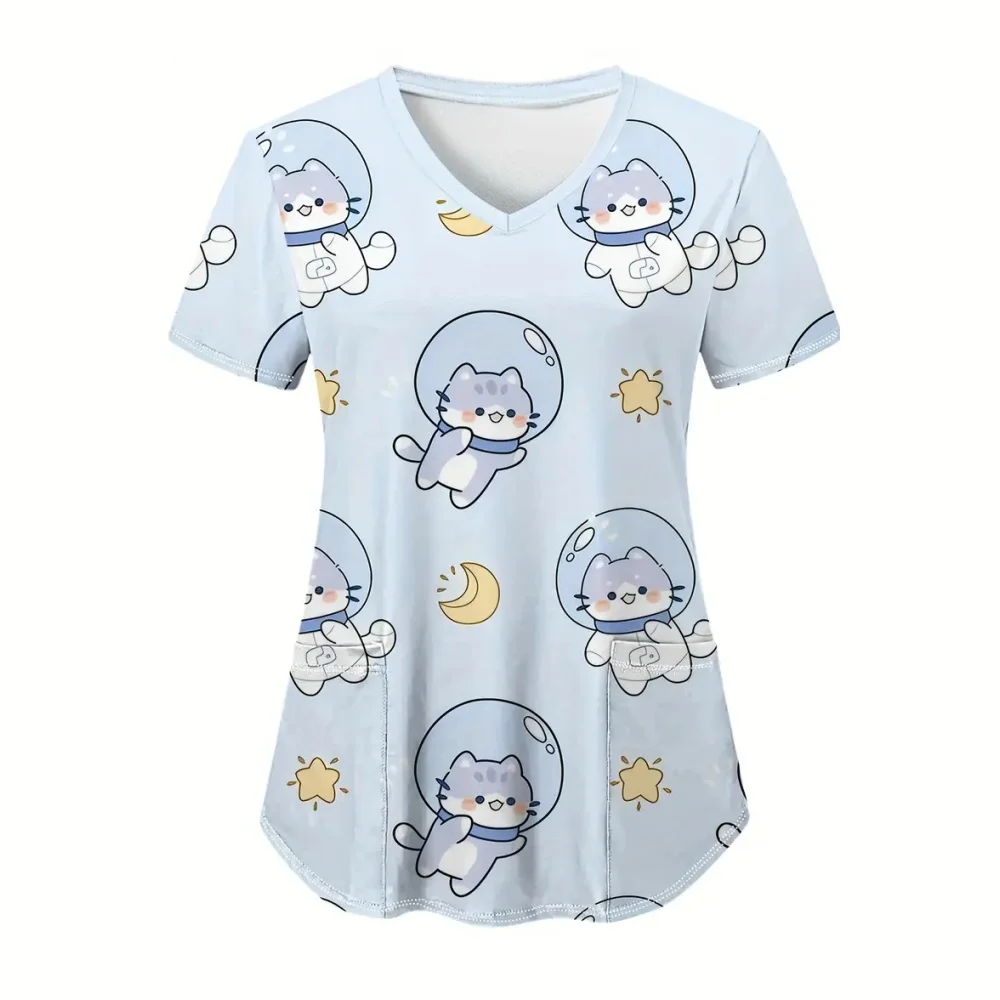 المرأة فرك لطيف ديناصور طباعة موضة الحيوان الكرتون الطبيب البيطري الخامس الرقبة قصيرة الأكمام ممرضة القمم عادية الأسنان السريرية موحدة امرأة