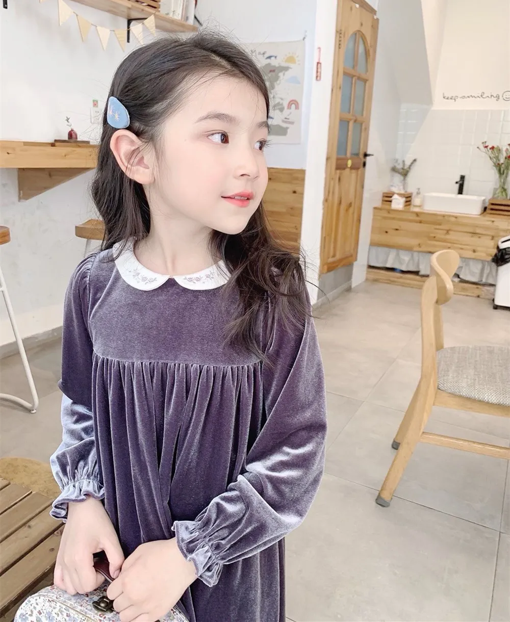 fall winter kids dress Purple velvet fabric embroidered lapel girls dress loose and comfortable dress