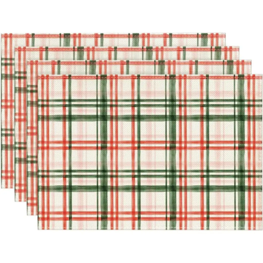 Red Green Buffalo Plaid Christmas Placemats Set of 4 12x18 Inch Seasonal Winter Table Mats for Party Kitchen Dining Decoration