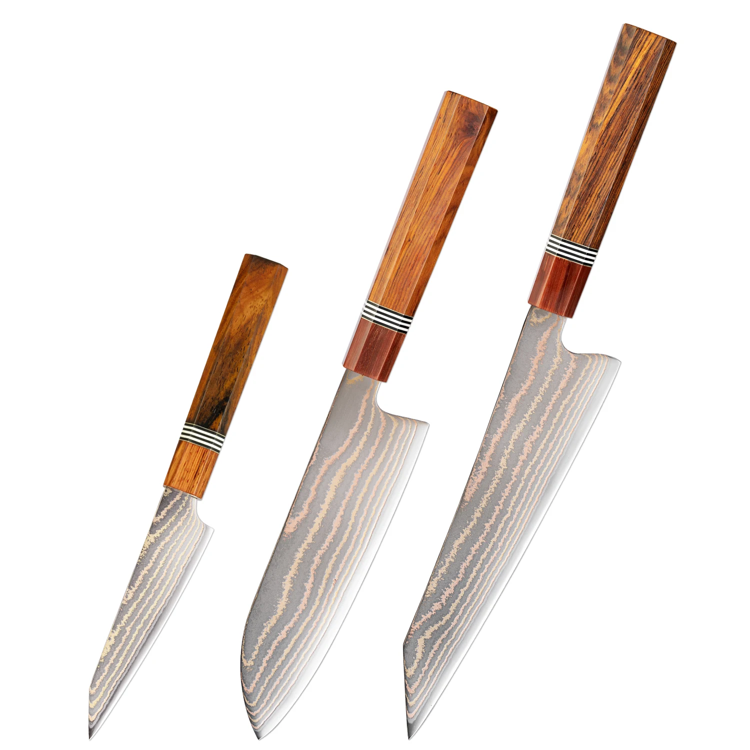 XITUO Kitchen Knives 1-3PCS Set, Rainbow Copper Damascus Steel Japanese Slicing Knives Utility Knife, Octagonal Rosewood Handle