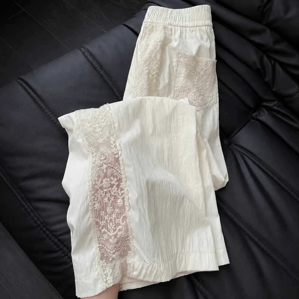 Retro Hollow Lace Casual Pants High Waist Loose Fit Wide Leg Pants Solid Color Breathable Straight Pants