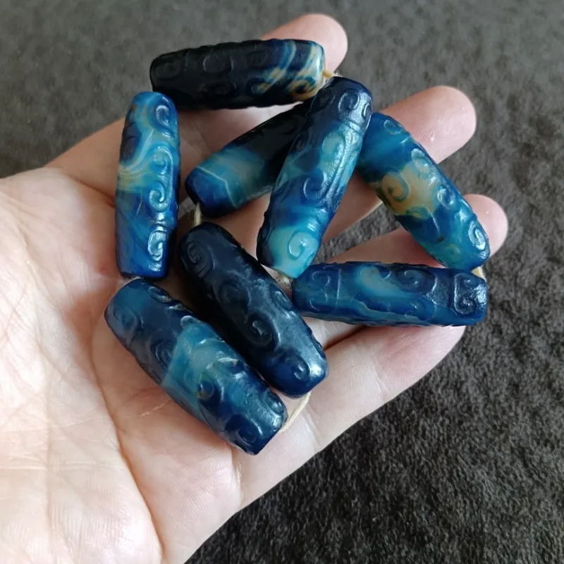 Cloud Embossed Tube Beads & Vintage Blue Swirl Cylindrical Beads Retro Oriental DIY Bracelet Making Jewelry Supply