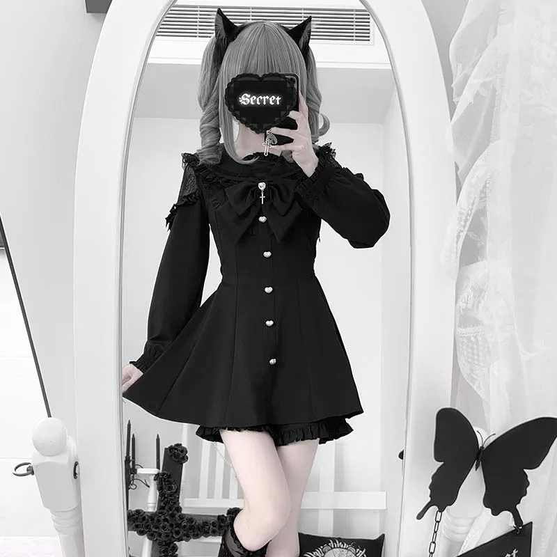 Japanese New Autumn Gothic Cross Diamonds Bow Sailor Collar Shirt Dress Love Button Off Shoulder Lace Long Sleeve Dress + Shorts