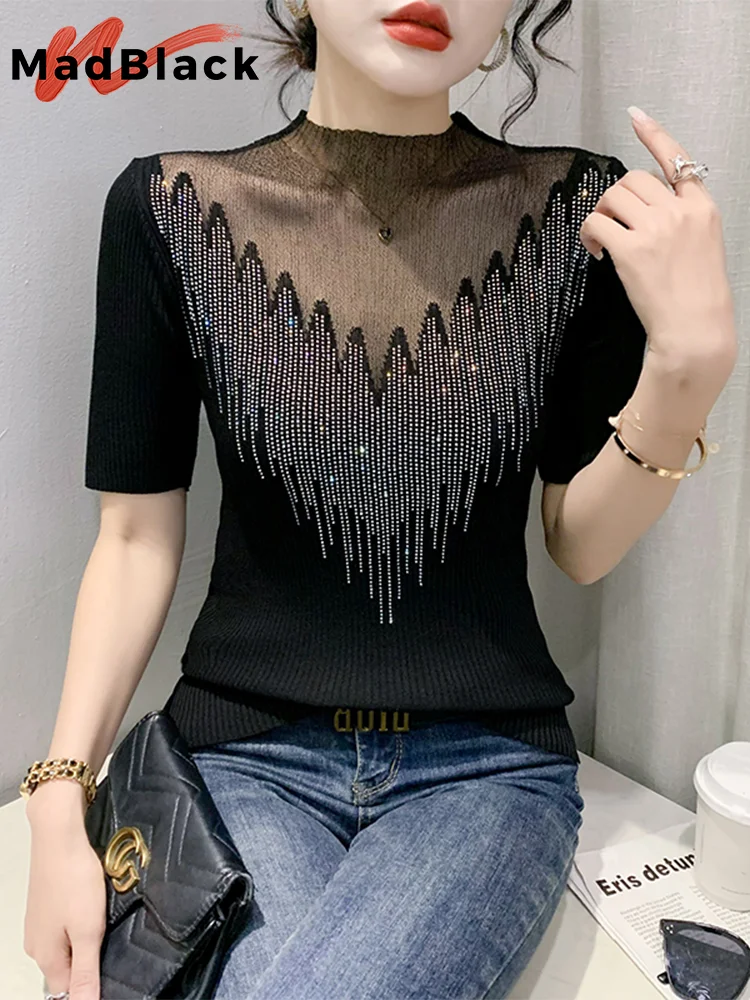 MadBlack Summer European Clothes T-Shirt Female Knit Patchwork Shiny Rhinestones Slim Tops Short Sleeve Elastic Tees 2023T34726M