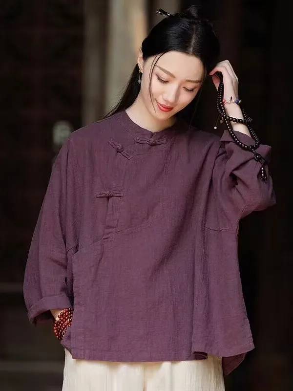 ربيع 2026 فضفاضة تناسب القطن الكتان المرأة irt طويلة Sve الوقوف طوق الصينية التقليدية زن Sle حفل الشاي الملابس